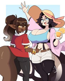 2girls amber_eyes big_breasts big_tail black_hair blue_eyes breasts brown_hair cleavage commission dark-skinned_female dark_skin female female_only glasses hi_res j5daigada light-skinned_female light_skin long_hair looking_at_viewer pointy_ears ponytail shark_girl shark_tail smiling smiling_at_viewer symbol-shaped_pupils tail white_highlights