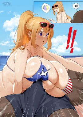 1boy 1girls 2koma alissa_(boobydoody64) american_flag_bikini beach bikini blonde_hair blue_eyes blue_sky blush breasts dark-skinned_male dark_skin erect_penis erection erection_under_clothes female huge_breasts light-skinned_female light_skin lulu-chan92 male original outdoors penis ponytail sky sunglasses sunglasses_on_head swimsuit