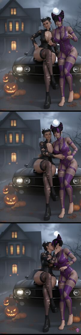 2girls 3_panel_comic 3d barefoot boots busty capcom car chun-li cosplay feet halloween halloween_costume halloween_theme juri_han kissing lesbian night night_sky outside pumpkin safe_for_work stockings street_fighter street_fighter_6