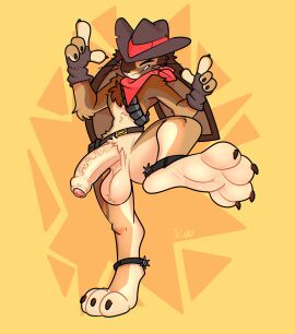 4_fingers 4_toes abstract_background absurd_res anthro balls belt clothing cowboy_hat digitigrade feet fingerless_gloves fingers foot_focus foreskin genitals gloves handwear hat headgear headwear hi_res humanoid_genitalia humanoid_penis kerchief lagomorph leporid male mammal mostly_nude neckerchief penis rabbit soles solo spurs toes uncircumcised xing1