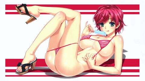 00s :q bikini breasts feet female female_focus food green_eyes happoubi_jin high_heels highres iihara_nao large_breasts nail_polish narrow_waist open_shoes pink_hair popsicle resort_boin sandals scan shoes short_hair solo string_bikini striped_bikini striped_clothes swimsuit third-party_edit toeless_footwear toenail_polish toenails toes tongue tongue_out wallpaper