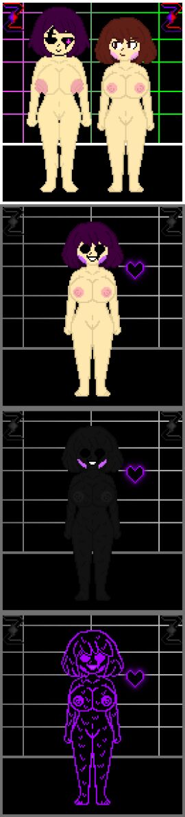 2girls breasts brown_eyes brown_hair chara dark!chara dark_zixy glowing melting melting_body merging multiple_images naked naked_female nipples oozing pixel_art purple_eyes purple_hair pussy rule_63 self_upload standing undertale undertale_(series) zixy
