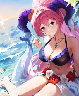 1girls alternate_costume beach bikini black_bikini black_swimsuit blush breasts cleavage closed_mouth collarbone curled_horns female female_only fire_emblem fire_emblem_heroes flower goat_horns hair_between_eyes hair_flower hair_ornament highres horns jewelry jurge large_breasts long_hair looking_at_viewer navel necklace nerthuz_(fire_emblem) nintendo ocean official_alternate_costume pink_hair ponytail purple_eyes purple_horns red_flower sarong seashell shell sitting smile solo stomach swimsuit water white_sarong
