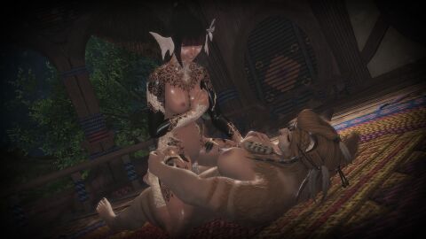 3d au_ra breast_grab cowgirl_position evisaii female ffxiv final_fantasy_xiv futa_on_female futanari gpose_(ffxiv) hrothgar naked oc public public_sex size_difference vaginal_penetration wuk_lamat