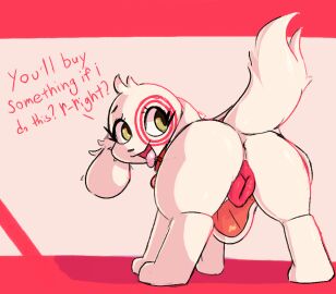 2024 animal_genitalia animal_pussy anus canid canine canine_genitalia canine_pussy canis clothing collar dialogue digital_media_(artwork) domestic_dog english_text eye_patch_(marking) facial_markings female female_feral feral floppy_ears fur genitals head_markings jayrnski lodetail looking_at_viewer looking_back looking_back_at_viewer lop_ears mammal markings mascot patch_(marking) paws presenting pussy red_clothing simple_background solo spot_(jayrnski) tail target_corporation text white_body white_fur