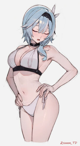 1girls absurd_res absurdres adult armpits bare_arms bare_belly bare_legs bare_midriff bare_shoulders bare_skin bare_thighs belly belly_button bikini bikini_bottom bikini_only bikini_top black_hairband blue-haired_female blue_hair blush blush_lines blushing_female breasts cleavage collarbone dot_nose elbows eula_(genshin_impact) female female_focus female_only fingers genshin_impact groin hair_between_eyes hair_ornament hairband hands_on_hips head_tilt high_resolution highres hourglass_figure legs light-skinned_female light_skin medium_breasts naked naked_female navel nude nude_female open_mouth purple-eyed_female purple_eyes shoulders sideboob simple_background slender_body slender_waist slim_female slim_waist solo sooon standing swimsuit swimwear thick_thighs thighs thin_waist tilted_head underboob upper_body v-line white_background white_bikini white_bikini_bottom white_bikini_top white_swimsuit white_swimwear wide_hips