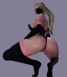 1girls 3d ass big_ass big_breasts blonde_hair blue_eyes breasts clothing female female_only hard_nipples latex lingerie mask metroid ponytail samus_aran soles solo squatting thick_ass thick_thighs