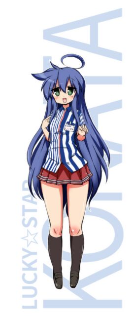 1girls ahoge blue_hair blush character_name copyright_name employee_uniform female green_eyes konata_izumi lawson long_hair looking_at_viewer lucky_star mizushima_(p201112) mole mole_under_eye pleated_skirt red_skirt skirt smiling_at_viewer socks solo uniform very_long_hair white_background