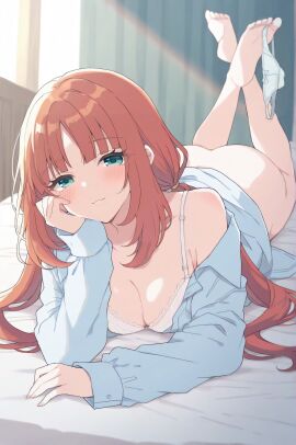 ai_assisted ass blue_eyes blue_shirt blush bra ebimaru_daicon female genshin_impact looking_at_viewer mihoyo nilou_(genshin_impact) panties red_hair