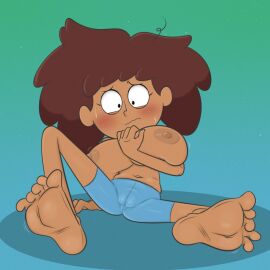 1girls amphibia anne_boonchuy areola areolae belly_button blush braless breasts brown_areola brown_areolae brown_hair brown_nipples disney_channel feet female holding_breast large_breasts large_tits mindgasmyt navel nervous nervous_expression nervous_face nipples on_back puffy_nipples pussy pussy_bulge pussy_visible_through_clothes shirtless thai tight_clothing tight_pants toe_curl toes