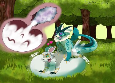 absurd_res big_penis blue_body bodily_fluids cum cum_in_uterus cum_in_vagina cum_inside dirtymac eeveelution female feral forest forest_background fur generation_1_pokemon genital_fluids genitals green_eyes grey_body grey_fur hi_res huge_cock hyper hyper_genitalia hyper_penis inflation jolteon male nature nature_background nintendo penis plant pokemon pokemon_(species) purple_eyes pussy tree uterus vaporeon