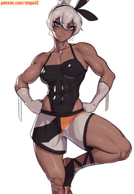 1girls abs bare_arms bare_legs bare_shoulders bare_thighs bea_(pokemon) big_breasts breasts clothed clothing color dark-skinned_female dark_skin female female_only fit fit_female game_freak grey_eyes grey_hair gym_leader hi_res large_breasts looking_at_viewer muscles muscular muscular_female muscular_legs muscular_thighs nintendo no_bra one-piece_swimsuit pokemon pokemon_ss pokemon_trainer short_hair shorts solo solo_female stopu tagme thick_thighs