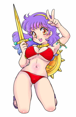 1girls arm_up armpits athena_(series) big_breasts bikini breasts brown_eyes busty cameltoe cleavage covered_erect_nipples curvy eyelashes feet female female_only highres kneeling large_breasts long_hair looking_at_viewer navel one_eye_closed open_mouth pose posing princess_athena purple_hair pussy red_bikini shield smile snk solo swimsuit sword thighs tiara v weapon