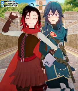 2girls 3d ahoge arm_lock black_hair blue_eyes blue_hair boots breasts cape choker closed_eyes clothed clothing crossover eastern_and_western_character elbow_gloves fefreak726 female female_only fingerless_gloves fire_emblem fire_emblem_awakening frown gloves grin hair_between_eyes hand_on_own_hip long_hair long_sleeves lucina_(fire_emblem) medium_breasts multicolored_hair multiple_females multiple_girls nintendo open_mouth outdoors pantyhose pointing pointing_at_self raised_eyebrow ruby_rose rwby short_hair skirt small_breasts smile standing symbol-shaped_pupils thigh_boots thighs thumbs_up tiara