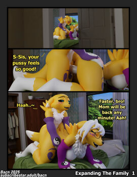 1boy 1girls 2025 3d all_fours anthro anthro_on_anthro ass bacn bandai_namco bed bedroom bedroom_sex big_breasts blush bodily_fluids breasts brother_(lore) brother_and_sister_(lore) canid canine claws comic detailed_background dialogue digimon digimon_(species) digital_media_(artwork) doggy_style duo english_text erection eyewear female female_anthro female_digimon femboy femboy_on_female fox from_behind_position furniture genital_fluids genitals glasses hair happy happy_sex hi_res incest_(lore) male male/female male_anthro male_digimon male_penetrating male_renamon mammal nipples nude on_bed open_mouth penetration penile penile_penetration penis plant renamon renamon_(bacn) sex sibling_(lore) sister_(lore) smile tail text tree white_body white_hair yellow_body