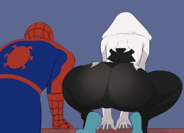 1boy 1girls ass athletic athletic_female big_ass bodysuit bubble_butt fat female gwen_stacy human human_only maho_malice male marvel marvel_comics meme myahogao panties_visible_through_clothing rear_view round_ass spandex spider-gwen spider-man spider-man_(series) squatting superhero superhero_costume superheroine teenager thong underwear_visible_through_clothing wide_hips