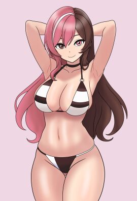 1girls alternate_breast_size armpits arms_behind_head big_breasts bikini blonde_hair bojack198 breasts brown_bikini brown_eyes brown_hair busty cleavage confident female female_only heterochromia hi_res highres large_breasts legs long_hair looking_at_viewer navel neo_(rwby) pink_eyes pink_hair pose posing roosterteeth rwby sensual sexy sexy_armpits sexy_pose sideboob smile swimsuit thighs toned voluptuous