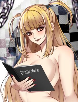 1girls beneceadraws blonde_hair blush book book_covering_breasts breasts breasts_out brown_hair covering_breasts death_note death_note_(object) female kinky meme misa_amane naked naked_female nude nude_female ouch_meme painted_nails red_nails solo solo_female solo_focus