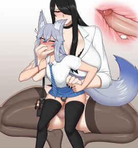 akane_(kinfrb) anal biting_ear black_hair black_nails black_stockings blush cat_ears chastity_cage chastity_device clothed_sex ear_bite femboy finger_in_mouth flat_chastity_cage fox_boy from_behind futa_on_femboy futa_on_male futanari grey_hair hand_on_another's_hip hand_on_hip intersex kinfrb kuromaru_(original_character) looking_pleasured male miniskirt necktie penis penis_size_difference small_penis stockings tagme thighhighs trembling