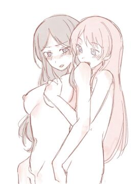 2girls bang_dream! bang_dream!_it's_mygo!!!!! biting_shoulder blue_eyes blush breasts brown_hair chihaya_anon completely_nude female fingering grabbing_another's_breast grabbing_from_behind groping jenjen large_breasts long_hair multiple_females multiple_girls nagasaki_soyo nipples nude oerba_yun_fang open_mouth pink_hair protected_link reach-around simple_background smile white_background yuri