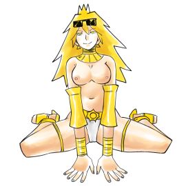 1girls aoushima ass breasts breasts_out cocky_smile dalbek egyptian_clothes egyptian_female female goddess gold gold_eyes gold_jewelry heels huge_ass huge_breasts human nipples sitting smug_face sun sun_chan sun_chan_dalbek sun_god sunglasses sunglasses_on_head topless white_background white_panties