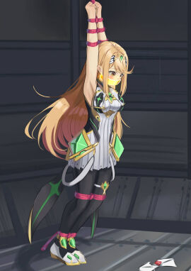 1girls arms_above_head arms_up bdsm bondage bound bound_ankles bound_arms bound_legs bound_wrists cailin020 clothed clothing core_crystal female female_focus female_only gag gagged gagged_female human human_only humanoid mythra nintendo restrained restrained_arms restrained_legs solo solo_female solo_focus super_smash_bros. xenoblade_(series) xenoblade_chronicles_2