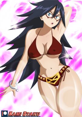 1girls 2019 abstract_background arm_behind_head arm_up armpits artist_name belly_button belt big_breasts bikini bikini_bottom bikini_top black_hair blue_eyes breasts cameltoe cleavage eyelashes eyewear female front_view glasses hand_behind_head handcuffs human kami_otaku large_breasts legs_together lens_flare light-skinned_female light_skin long_hair looking_at_viewer midnight_(my_hero_academia) my_hero_academia navel nemuri_kayama nipple_bulge nipples open_mouth pose posing pussy red_glasses solo standing stomach thick_thighs thigh_gap thighs underboob wide_hips