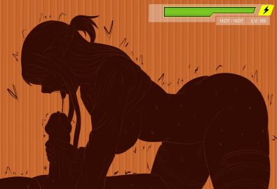 1boy 1girls ass asuna_(sao) bent_over bottomless breasts clothes_lift female fuzzlogik health_bar highres large_breasts lightning_bolt_symbol long_hair male motion_lines open_mouth penis precum saliva shirt_lift sword_art_online trembling