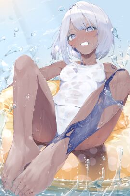 bathing_suit blue_eyes bob_cut crystal monster_girl scar scratched_eye short_hair small_breasts swimsuit tan_skin transparent_clothing water water_ring white_hair white_swimsuit