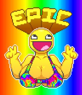awesome_face big_breasts breasts chuzquid epic_face female open_mouth peace_sign pixel_art rainbow_background rainbow_bikini tagme text yellow_skin