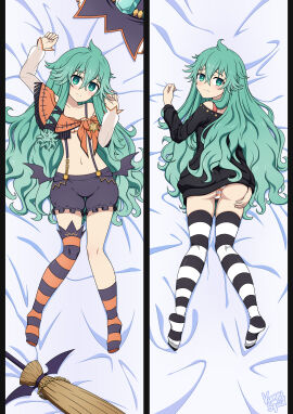 ass bed belly belly_button black_and_white_socks black_jumper black_sweater body_pillow broom broomstick crop_top cute dakimakura dakimakura_design dakimakura_pillow dakimakura_pose dakimakura_style date_a_live female fluffy green_eyes green_hair hat jumper kyouno_natsumi legs long_hair lying lying_on_back lying_on_bed lying_on_stomach pillow puffy_shorts revealing_clothes shorts socks spirit striped_legwear striped_panties striped_socks striped_thighhighs sweater thigh_gap thigh_highs thighhighs thighs vampy_squid very_long_hair witch witch_costume witch_hat young younger_female