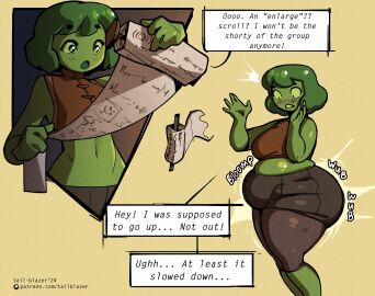 2d 2d_(artwork) 2d_artwork ass ass_expansion belly_expansion big_belly breasts chubby chubby_female dialogue english english_text expansion fat female green_body green_hair green_skin hair nyuru original original_character reading scroll slime_girl solo speech speech_bubble speech_bubbles surprised tagme tail-blazer talking weight_gain