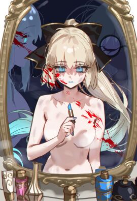 bare_arms bare_belly bare_shoulders belly_button blue_eyes blue_lips breasts collarbone completely_nude ebora fate/grand_order fate_(series) female grey_hair hair_ribbon lipstick long_hair makeup medium_breasts mirror morgan_le_fay_(fate) nude ponytail youngmanisdown
