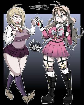 2girls akamatsu_kaede ass big_ass big_breasts blonde_hair breasts busty camtoons cleavage danganronpa danganronpa_v3 female female_only huge_breasts iruma_miu school_uniform short_skirt skirt sweater thick_thighs thin_waist tie tight_clothing wide_hips