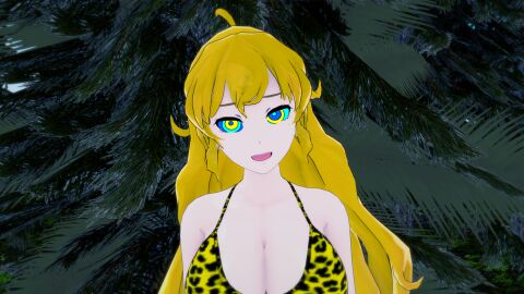 3d bikini blonde_hair breasts female hypnosis kaa_eyes koikatsu large_breasts leopard_print long_hair mind_control mrkoiru open_mouth outdoors pale_skin resisting rwby smile the_jungle_book weak_resistance yang_xiao_long