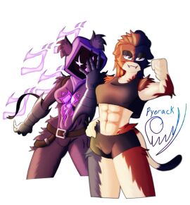 2girls :3 abs anthro armpits arms_up ass beanie beanie_hat bear bear_ears bear_girl belly belt boots booty_shorts breasts calico calico_cat calico_cat_humanoid calico_pattern cat_ears cat_girl cat_humanoid cat_tail catgirl clothed clothed_female clothing crop_top curvy epic_games fangs feline female female_focus female_only fortnite fortnite:_battle_royale fur furry furry_ears furry_female furry_only furry_tail gauntlet gauntlets hand_on_hip hood hood_up hourglass_figure humanoid jojo's_bizarre_adventure jojo_reference long_hair looking_at_viewer medium_breasts meow_skulls_(fortnite) muscles muscular muscular_anthro muscular_arms muscular_female open_mouth pointing pointing_at_viewer purple_body purple_eyes purple_fur purple_hair purple_skin pyerack pyerack_(artist) raven_team_leader scar scar_across_eye scar_on_face shorts simple_background stomach tank_top thick_thighs thighs white_background wide_hips workout_clothes