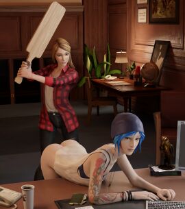 2girls 3d ass bare_ass beanie_hat bent_over bent_over_table blender blonde_hair blue_eyes blue_hair chloe_price discipline dominant_female dyed_hair eye_contact female female_only femdom green_eyes indoors jeans kinkblink life_is_strange multiple_females multiple_girls naughty office paddle plaid_shirt pov_eye_contact principal_office punishment punk rachel_amber slapping_butt spanked_butt spanking square_enix submissive video_games yuri
