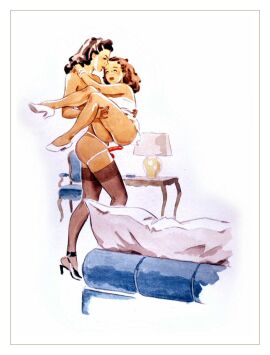 2girls bracelet brown_hair carrying carrying_another carrying_partner chair clothed_female_nude_female dress female female_only gert_gagelmann heels lamp lingerie looking_at_another looking_at_partner multiple_females multiple_girls naked nude nude_female_clothed_female partially_clothed pearl_bracelet pillow sofa strap-on strapon vintage white_dress yuri