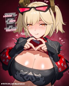 1girls big_breasts blonde_hair blush breasts burnice_white dialogue eyewear_on_head female female_focus female_only gigantic_breasts huge_breasts looking_at_viewer mikadawn red_eyes solo tagme text thick_hips twintails zenless_zone_zero