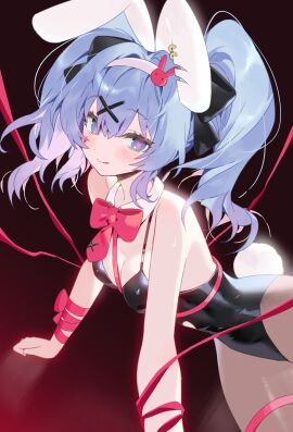 1girls animal_ears black_bow blue_eyes blue_hair bondage bound bow bowtie breasts female hair_ornament hairband hatsune_miku heart heart-shaped_pupils light_blush looking_at_viewer playboy_bunny rabbit_ears rabbit_hole_(deco*27/caststation) rabbit_hole_(vocaloid) rabbit_tail red_bow red_bowtie red_ribbon ribbon ribbon_bondage seoji short_twintails small_breasts symbol-shaped_pupils tail tongue tongue_out twintails vocaloid white_hairband x_hair_ornament