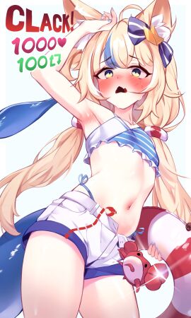 animal_ear_fluff animal_ears armpit_focus armpits bikini bikini_under_shorts blonde_hair blue_eyes blue_hair blue_sailor_collar blush cat_ears crab cute_fang dress female fins fish_girl fish_tail flat_chest frilled_sailor_collar frills halterneck highleg highleg_bikini indie_virtual_youtuber indie_vtuber long_hair looking_at_viewer low_twintails madisama_(tyam) multicolored_hair navel open_clothes open_dress open_mouth presenting_armpit sailor_collar sameko_saba short_shorts shorts side-tie_bikini_bottom sleeveless sleeveless_dress solo streaked_hair swimsuit tail twintails twitter_strip_game very_long_hair virtual_youtuber white_dress white_shorts