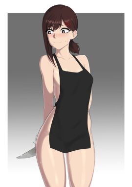 1girls apron_only blush chainsaw_man cleavage female female_focus front_view hair_pin hands_behind_back higashiyama_kobeni holding_object kitchen_knife looking_at_another nervous nervous_smile nude nude_female ponytail ravenrine signature solo solo_female solo_focus standing sweating thighs