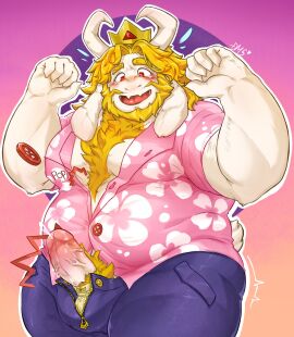 anthro asgore_dreemurr balls bara beard blush boner button_pop deltarune duckus5 erection facial_hair furry goat horns male male_only muscles muscular overweight penis penis_out popped_button solo solo_male tight_clothing undertale yaoi