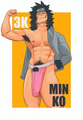 1boy abs armpit_hair bara beard biceps big_penis black_fur black_hair body_hair bulge erection_in_jockstrap erection_in_underwear erection_pushing_jockstrap erection_pushing_underwear erection_under_jockstrap erection_under_underwear face_paint facepaint flaccid flexing flexing_arm flexing_bicep forehead_protector fur gay grey_jacket hairy_armpits headband huge_cock human human_only inuzuka_kiba jacket jockstrap looking_at_viewer looking_down male male_focus male_only male_pubic_hair minkoni2 multicolored_background muscles muscular muscular_male naruto naruto_(classic) naruto_(series) nipples pecs penis penis_outline pink_jockstrap pink_underwear pose posing pubes pubic_hair red_face_paint solo solo_focus solo_male teeth teeth_showing underwear white_background yaoi yellow_background