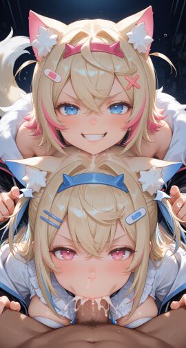 1boy 2girls ai_generated blue_eyes blush collar cum cum_in_mouth dog_ears dog_girl dog_tail fellatio fuwamoco fuwawa_abyssgard hololive hololive_english large_breasts large_penis mococo_abyssgard penis pink_eyes saliva smile smug straight testicles twins virtual_youtuber