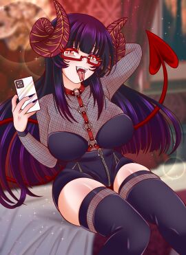 arm_behind_head breasts clothed demon demon_girl demon_horns demon_tail female glasses goth goth_girl indie_virtual_youtuber large_breasts non_nude phone phone_in_hand purple_hair sitting succubus taking_picture taking_selfie tane tane_tenshi tongue tongue_out tongue_piercing virtual_youtuber vtuber