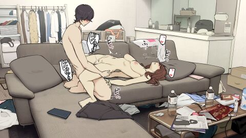 1boy bag black_hair bottle breasts brown_hair commentary_request completely_nude couch female heavy_breathing highres indoors large_breasts lying magazine_(object) male missionary navel nipples nude on_back on_couch open_mouth original sex short_hair straight table unworn_clothes wakamatsu372