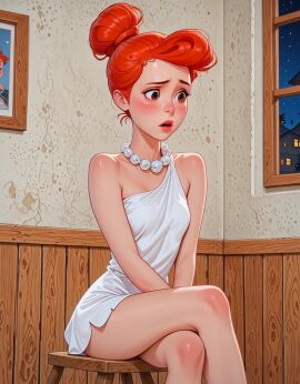 ai_generated bare_shoulders blush breasts cartoon_network clothing crossed_legs dress earrings female female_only hair_bun half-closed_eyes hanna-barbera indoors jewelry jousneystudio lips makeup necklace night orange_hair original painting_(object) parted_lips pearl_necklace red_hair short_hair single_hair_bun sitting sky solo tagme the_flintstones thighs video white_dress wilma_flintstone window