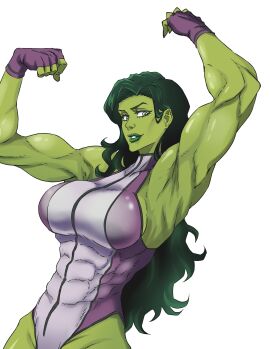 female green_hair green_skin marvel marvel_comics muscular muscular_female rakusakugk she-hulk white_background