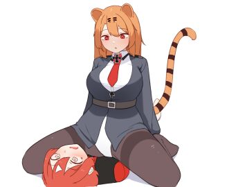 1femboy 1girls 2d :o animal_ears big_breasts black_pantyhose black_shirt breasts daebom female femboy iron_cross kemonomimi leotard male orange_hair pantyhose patreon red_eyes red_tie sitting_on_chest subscriber_kun tagme tail tiger_(daebom) tiger_ears tiger_tail war_thunder white_leotard